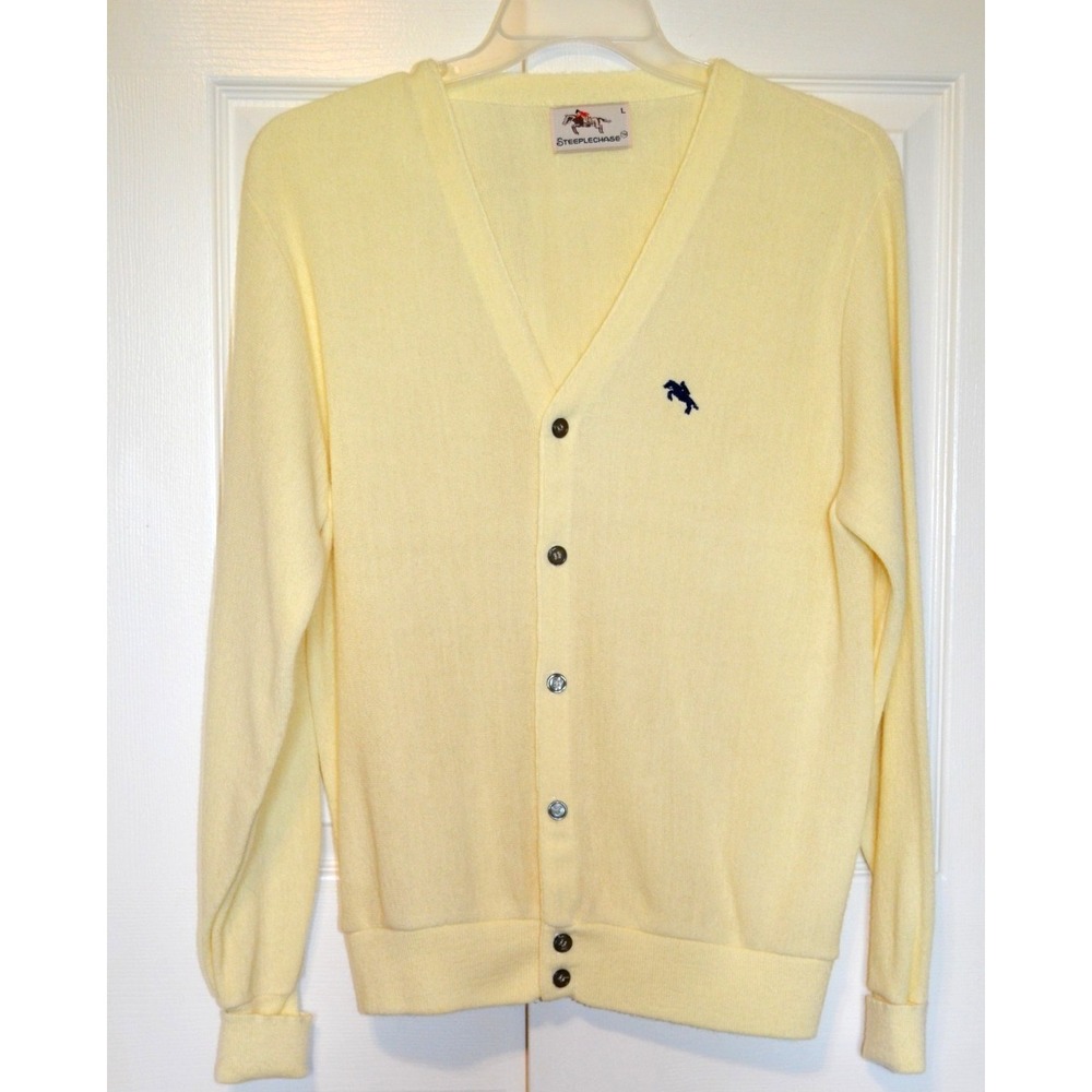 Vtg Steeplechase Mens L Yellow Cardigan Sweater Horse Jump  Logo Grandpa 1970
